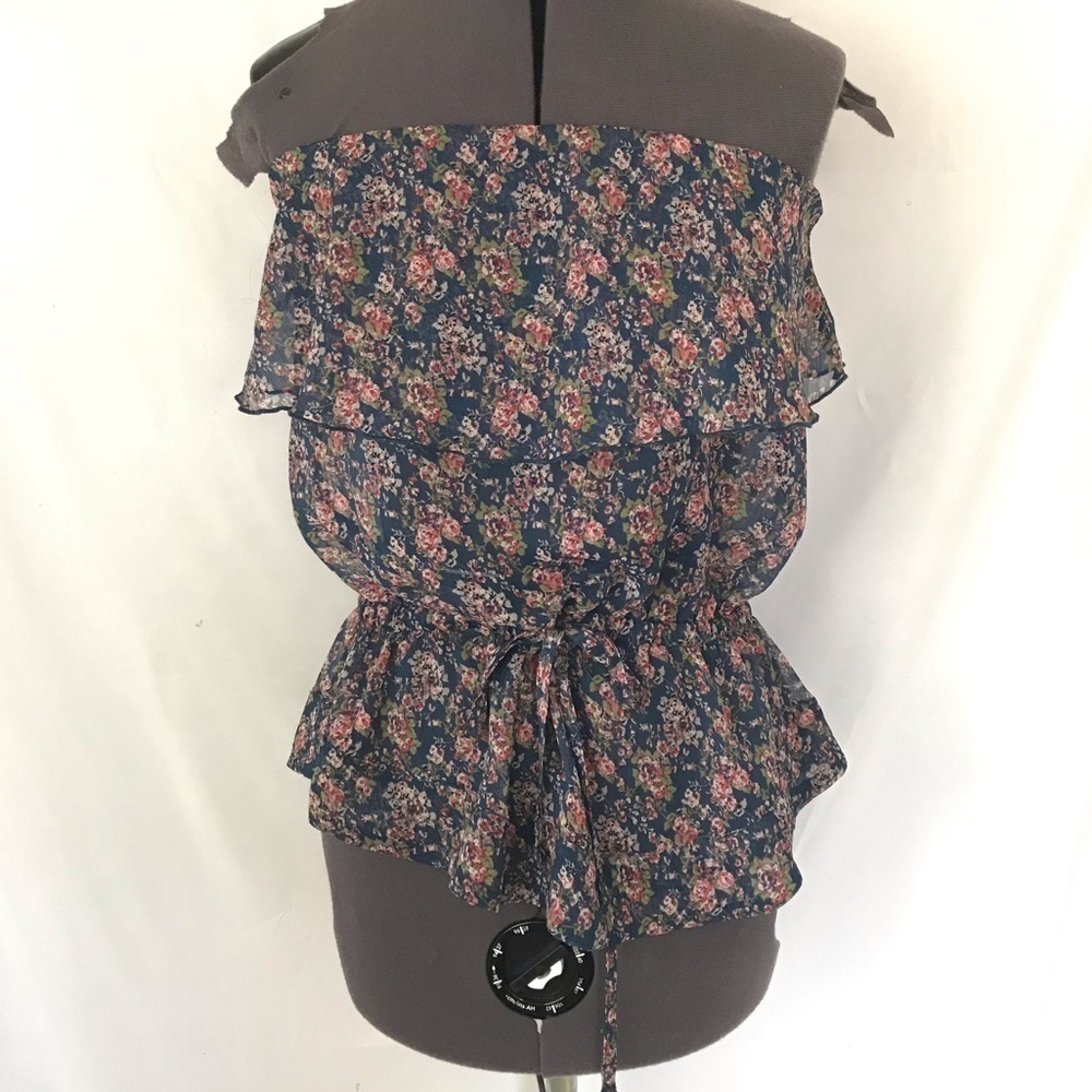 Express Y2K Blue and Pink Floral Sheer Ruffle Strapless Top • Size XS 🔴